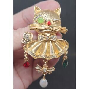 Winking Cat Tassel Brooch Faux Pearl Waterdrop Gold Tone Metal Whimsical Fun